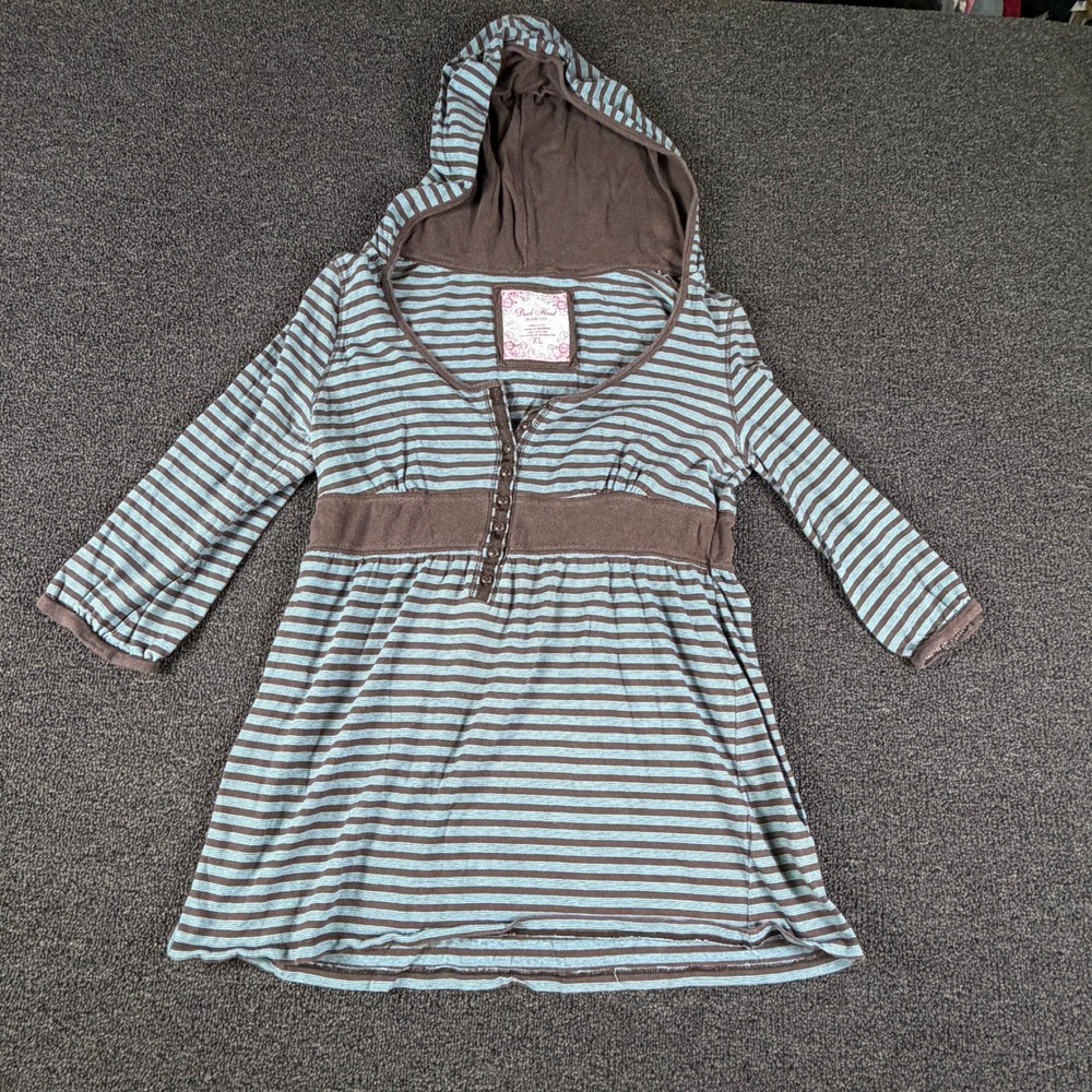 Duck Head Hooded Top Womens XL Striped Brown Blue Empire Waist Henley EUC